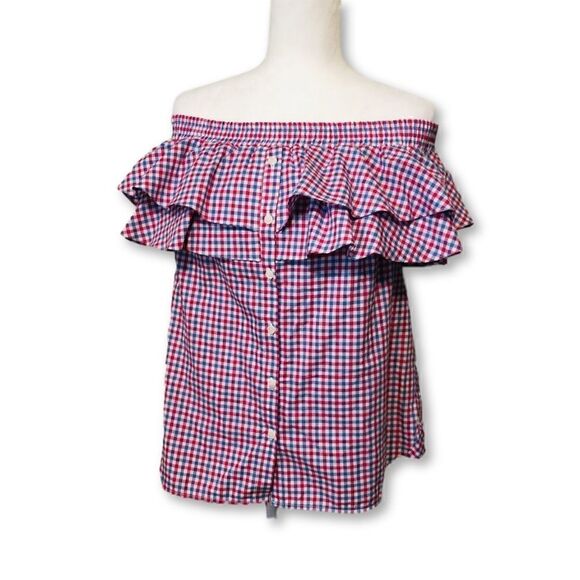Petersyn Tops - Petersyn Top Red White & Blue Gingham Check Off The Shoulder Ruffle Top XS